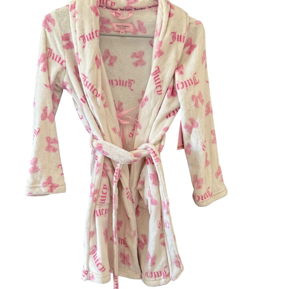 Juicy Couture Girls Hooded Fleece Robe Pink Bows Logo‎ White Size 6/8 NWT Y2k